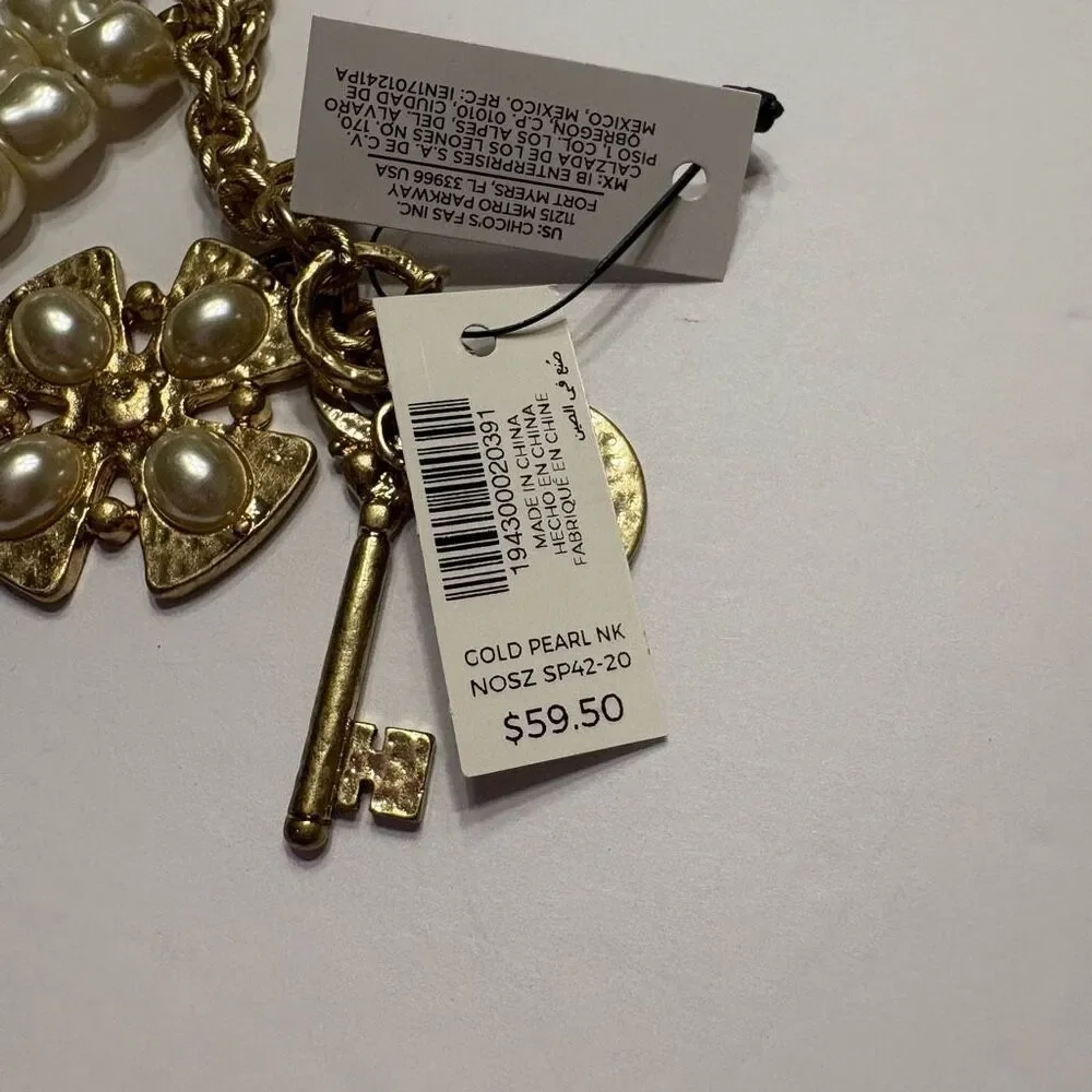 Chico’s Women’s Gold Tone Faux Pearl Maltese Cross Key Fashion Necklace